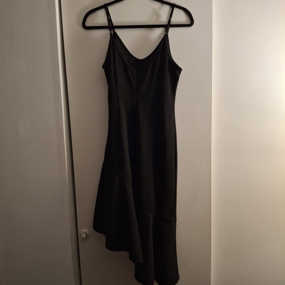 CMC2005 Women's Black Asymmetrical Slip Dress with Spaghetti Straps - Picture 2 of 11